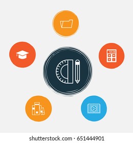 School Icons Set. Collection Of Taped Book, Document Case, Library And Other Elements. Also Includes Symbols Such As Hat, Calculator, Taped.