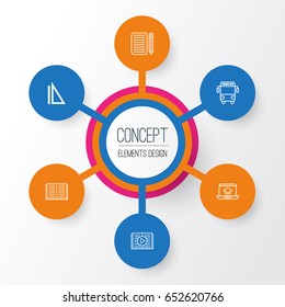 School Icons Set. Collection Of Taped Book, Transport Vehicle, Distance Learning And Other Elements. Also Includes Symbols Such As Essay, Book, Drawing.