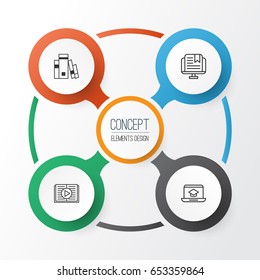 School Icons Set. Collection Of Taped Book, Library, Distance Learning And Other Elements. Also Includes Symbols Such As Distance, Taped, Learning.