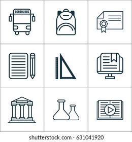 School Icons Set. Collection Of Transport Vehicle, Taped Book, College And Other Elements. Also Includes Symbols Such As Ruler, Teaching, Bus.