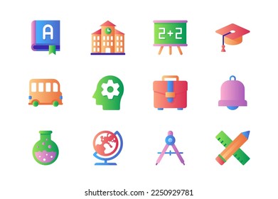 School icons set in color flat design. Pack of book reading, textbook, building, blackboard, graduation hat, bus, thinking, student head, bell and other. Vector pictograms for web sites and mobile app