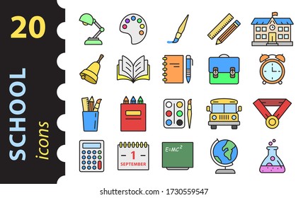 School icons set in color. Linear vector symbols in a flat style. Education concept.