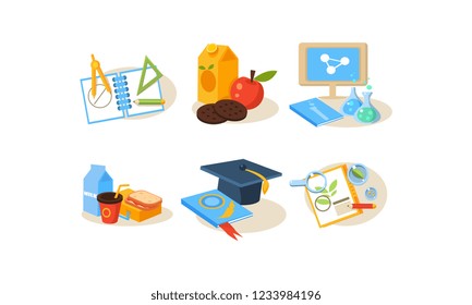 School icons set, different school supplies, stationery and food, education, learning concept vector Illustration on a white background