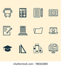 School icons set with distance learning, measurement, graduation and other  transport vehicle elements. Isolated vector illustration school icons.