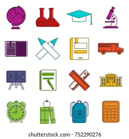 School icons set. Doodle illustration of vector icons isolated on white background for any web design