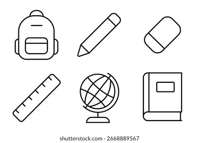 School icons set with editable stroke. Outline vector of backpack, pencil, eraser, ruler, globe and book. Minimal education collection for learning, study, classroom and academic design.