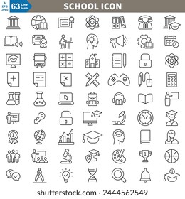 School Icons set. Education, books, notebook, blackboard, calculator, Paper, chalk, clock and student.  simple icons vector collection.
