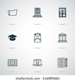 School icons set with file folder, calculator, academy building and other graduation elements. Isolated vector illustration school icons.