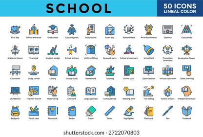 Schulsymbole mit dem ersten Tag, Schuleintritt, Abschluss, Mütze und Kleid, Schulzeugnis, Prüfungstag, nationaler Test, Preisverleihung, Diplom, Klassenfoto-Symbol. Einfacher linearer Farbvektor 
