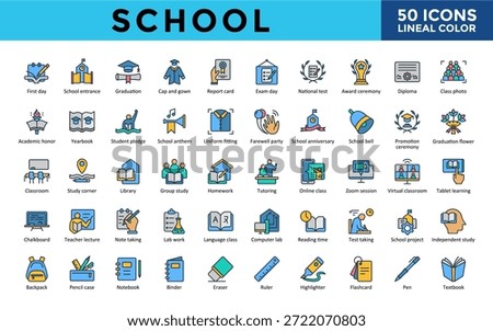 School icons set with first day, school entrance, graduation, cap and gown, report card, exam day, national test, award ceremony, diploma, class photo icon. Simple lineal color vector 
