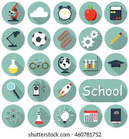 School icons set, flat design, text can be added. Vector illustration