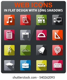 School icons set in flat design with long shadow