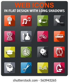 school icons set in flat design with long shadow