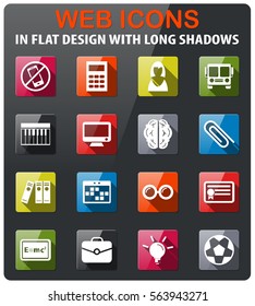 school icons set in flat design with long shadow