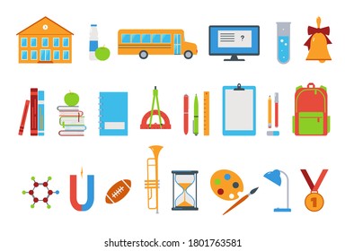 School icons set in flat style. Illustration of school icons isolated vector for any design. Colorful school elements. Books, supplies and learning symbols.
