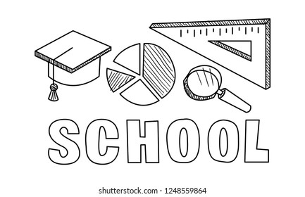 Schulsymbole Set, handgezeichnete Bildungsobjekte, Vektorgrafik auf weißem Hintergrund