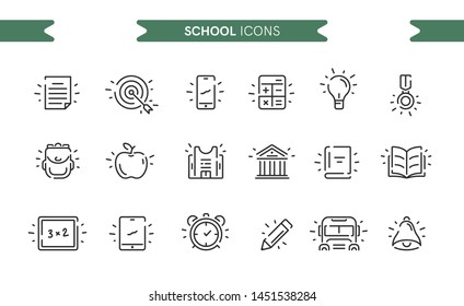 School icons set isolated. Line art. Editable. Signs and symbols. Modern simple style. Phone, tablet, books, apple, target, building, pencil, clock, bell, bus. Flat style vector illustration.