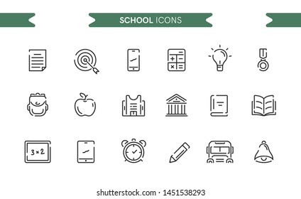 School icons set isolated. Line art. Editable. Signs and symbols. Modern simple style. Phone, tablet, books, apple, target, building, pencil, clock, bell, bus. Flat style vector illustration.