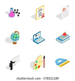 School icons set. Isometric 3d illustration of 9 school vector icons for web