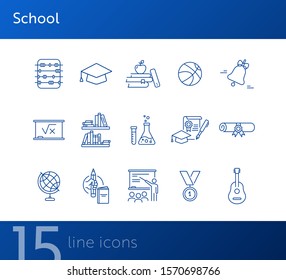 School icons. Set of line icons. Chemistry class, diploma, bookshelves. Studying concept. Vector illustration can be used for topics like education, university, scholarship