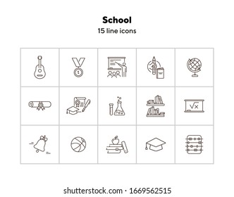 School icons. Set of line icons. Chemistry class, diploma, bookshelves. Studying concept. Vector illustration can be used for topics like education, university, scholarship