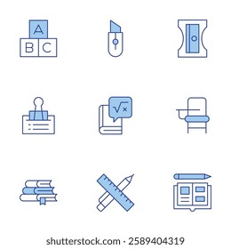 School icons set. Line Duotone style, editable stroke. school desk, sharpener, alphabet, book, clip, cutter, maths, pen, homework.