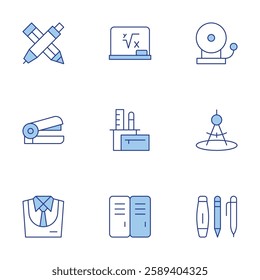 School icons set. Line Duotone style, editable stroke. pencil case, school supplies, stapler, stationery, uniform, board, compass, locker, bell.