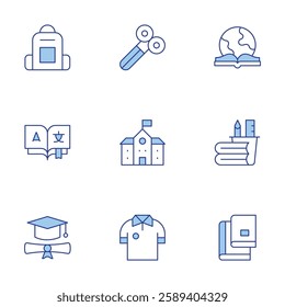 School icons set. Line Duotone style, editable stroke. graduate, school, book, scissors, pencil case, backpack, translate, uniform.