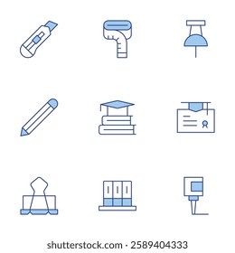 School icons set. Line Duotone style, editable stroke. college, archive, cutter, education, glue, measuring tape, paperclip, pencil, push pin.