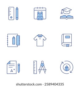 School icons set. Line Duotone style, editable stroke. grade, school material, stationery, uniform, back to school, compass, education, textbook.