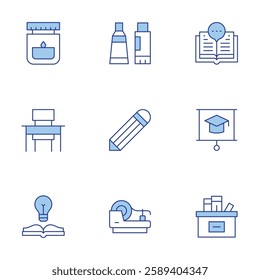 School icons set. Line Duotone style, editable stroke. box, ink, read, education, glue, idea, pencil, tape, school desk.