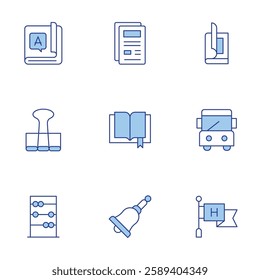 School icons set. Line Duotone style, editable stroke. abacus, bell, binder, book, files, high school, magazine, school bus.