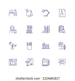 School icons. Set of line icons on white background. Telescope, table lamp, pupil, school desk. Can be used for topics like education, university, school