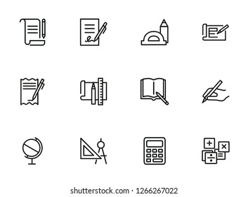 School icons. Set of line icons on white background. Writing, textbook, geometry, geography. Studying concept. Vector illustration can be used for topics like education, learning, stationary