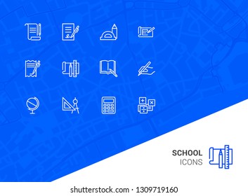 School icons. Set of line icons on white background. Writing, textbook, geometry, geography. Studying concept. Vector illustration can be used for topics like education, learning, stationary