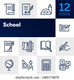 School icons. Set of line icons on white background. Writing, textbook, geometry, geography. Studying concept. Vector illustration can be used for topics like education, learning, stationary