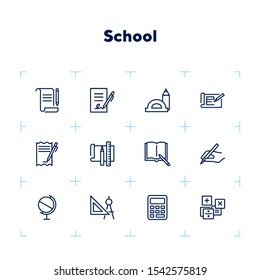 School icons. Set of line icons on white background. Writing, textbook, geometry, geography. Studying concept. Vector illustration can be used for topics like education, learning, stationary