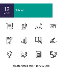 School icons. Set of line icons on white background. Writing, textbook, geometry, geography. Studying concept. Vector illustration can be used for topics like education, learning, stationary