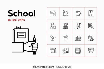 School icons. Set of line icons on white background. Telescope, table lamp, pupil, school desk. Can be used for topics like education, university, school