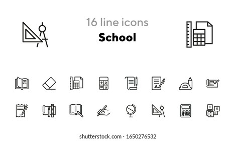 Schulsymbole. Satz von Zeilensymbols auf weißem Hintergrund. Schreiben, Lehrbuch, Geometrie, Geografie. Konzept studieren. Vektorillustration-Illustration kann für Themen wie Bildung, Lernen, stationäre
