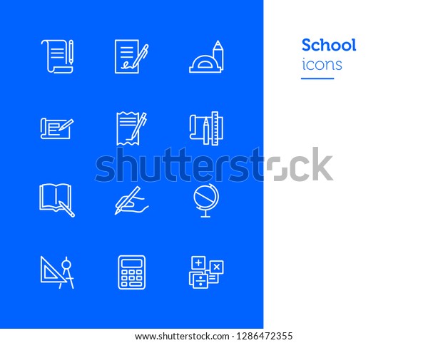School icons. Set of line icons on white
background. Writing, textbook, geometry, geography. Studying
concept. Vector illustration can be used for topics like education,
learning, stationary
