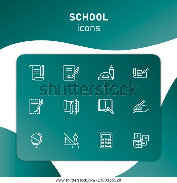 School icons. Set of line icons on white
background. Writing, textbook, geometry, geography. Studying
concept. Vector illustration can be used for topics like education,
learning, stationary