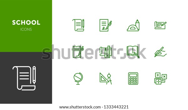 School icons. Set of line icons on white\
background. Writing, textbook, geometry, geography. Studying\
concept. Vector illustration can be used for topics like education,\
learning, stationary