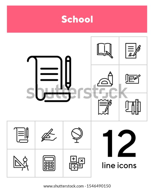 School icons. Set of line icons on white\
background. Writing, textbook, geometry, geography. Studying\
concept. Vector illustration can be used for topics like education,\
learning, stationary