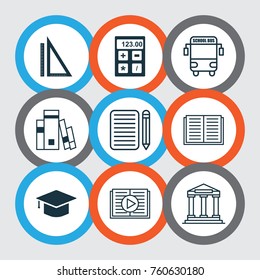 School Icons Set With Measurement, Electronic Tool, Opened Book And Other Graduation Elements. Isolated Vector Illustration School Icons.