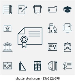 School icons set with online education, school supplies, e-learning and other distance learning elements. Isolated vector illustration school icons.
