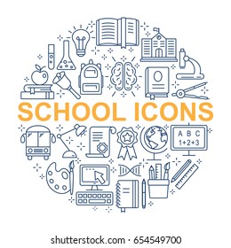 School icons set. Outline icon collection - School education. Education simbols for web and graphic design. Line style logo. Vector illustration. 