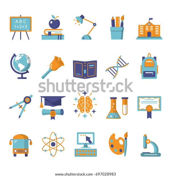 School icons set. Outline icon collection -\
School education. Education simbols for web and graphic design.\
Flat style logo. Vector\
illustration.