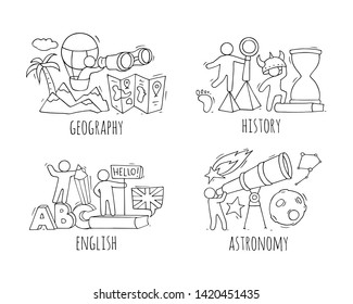 School icons set with studing little people. Doodle cute miniature of teamwork and lessons. Hand drawn cartoon vector illustration for school subject design.
