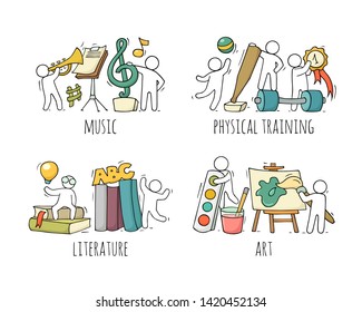 School icons set with studing little people. Doodle cute miniature of teamwork and lessons. Hand drawn cartoon vector illustration for school subject design.